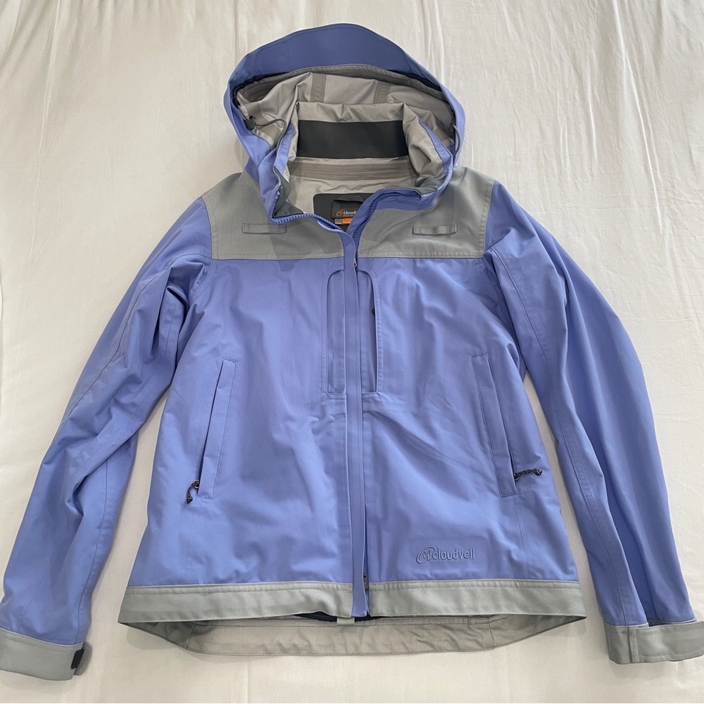 Cloudveil Womens Periwinkle Blue Grey Hardshell Ski Jacket Hooded Medium